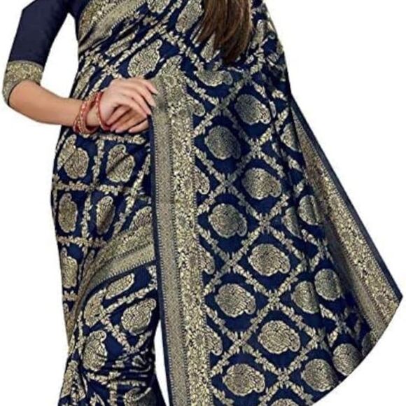 Women's Kanjivaram Pure Banarsi Silk Saree With Blouse Piece Golden Zari NWT - Picture 7 of 12